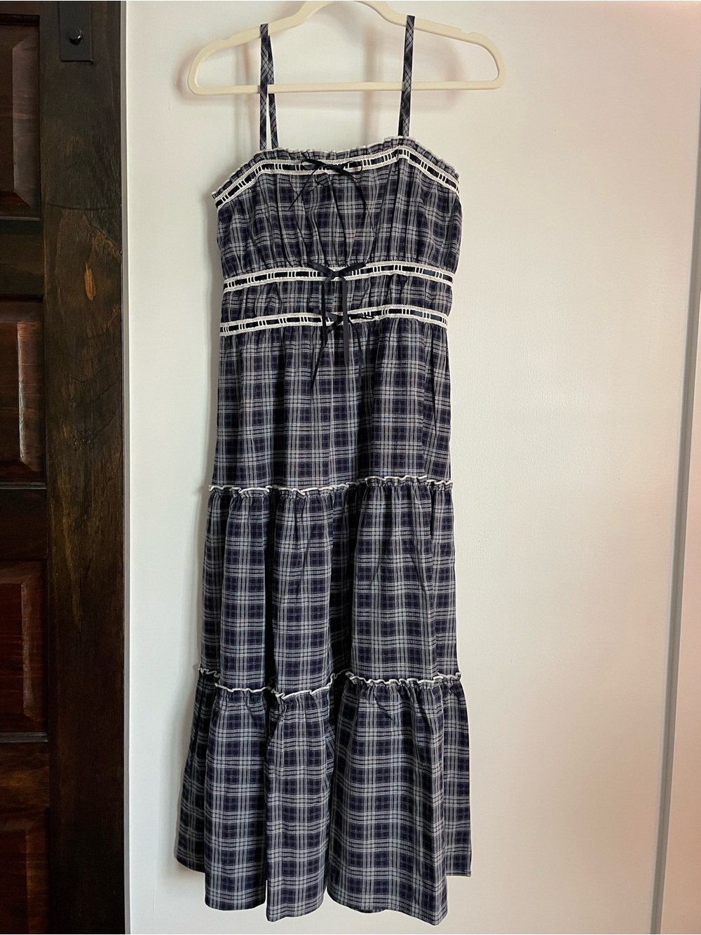 Trixxi Navy Blue Plaid Tiered Maxi Dress with Lace Trim